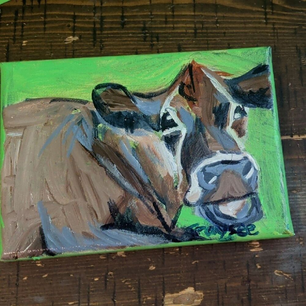 original 5x7 inch acrylic painting of a cow on canvas, animal art decor,